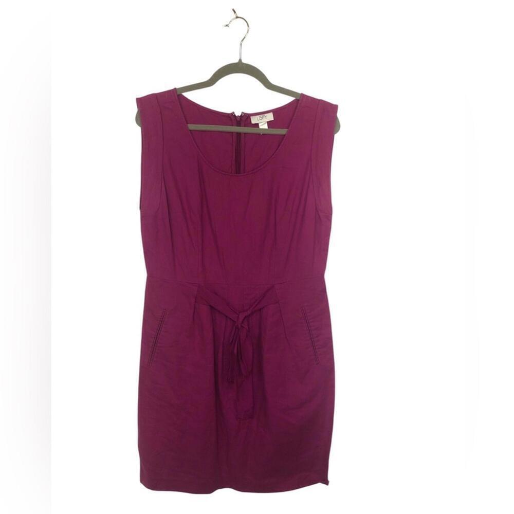 Loft Sleeveless Dress Pink Sleeveless w/Cap Trim Front Tie Front Pockets Linen